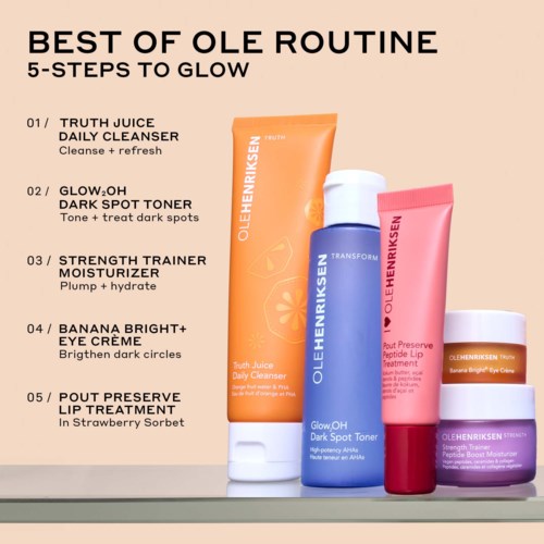 A skincare routine with five steps, including cleansers, toners, moisturizer, eye cream, and lip treatment, in colorful tubes and jars.