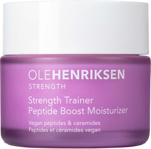 Veganistisch peptide- en ceramide- moisturizer, strength trainer, door Ole Henriksen, in een paarse pot met witte dop.