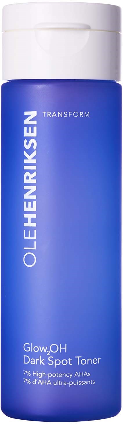 Blaue Flasche mit weißem Deckel, beschriftet Olleh Risen Glow OH Dark Spot Toner, enthält Inhaltsstoffe zur Hautaufhellung und Fleckenreduzierung.