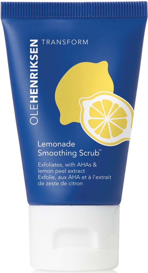 Blue tube labeled Ole Henriksen Lemonade Smoothing Scrub with a lemon graphic and text about exfoliating benefits.