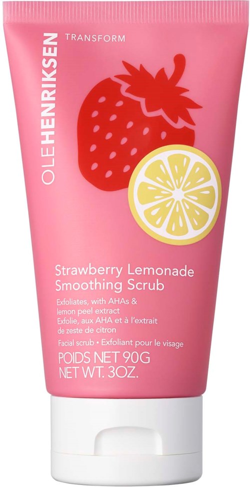 Roze tube met aardbeien-limonade verzachtende scrub met afbeelding van aardbei en citroen. Tekst beschrijft product en gewicht.