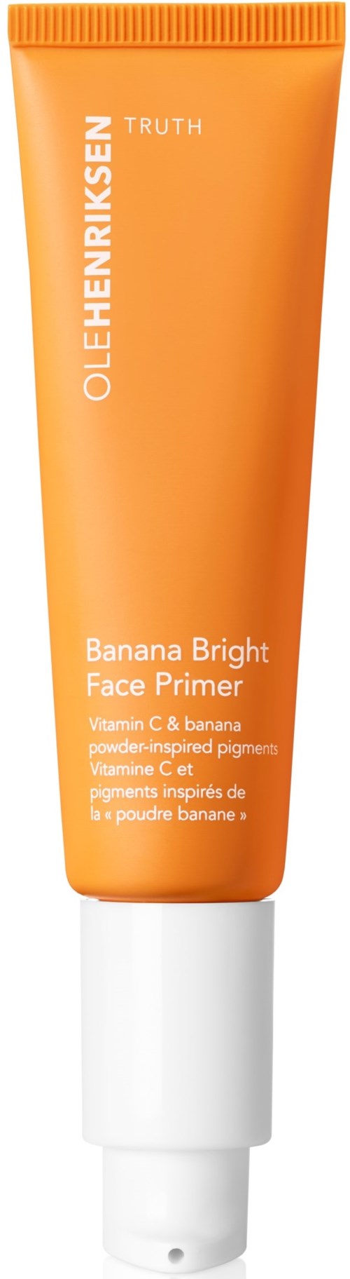 Oranje tube Banana Bright Face Primer van Ole Henriksen, met witte dop, bevordert huidglans en gladheid.