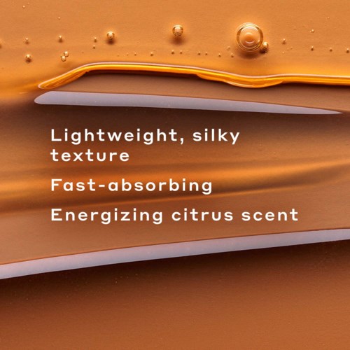 Text, der Produktmerkmale beschreibt: leicht, seidige Textur, schnell absorbierend, belebender Zitrusduft.