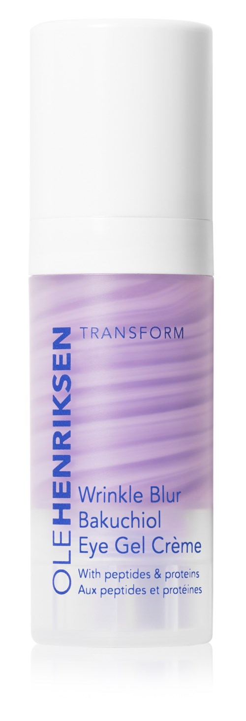 Een huidverzorgingsproduct in een cilindrische fles, paars en wit, genaamd Ole Henriksen Wrinkle Blur Bakuhiol Eye Gel.