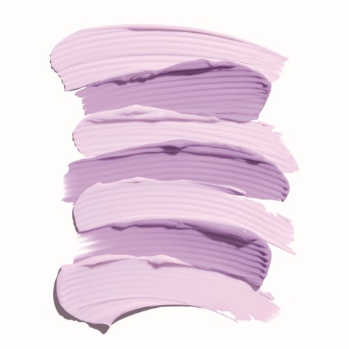 Verschillende tinten lila lippenstiftstalen op een witte achtergrond.