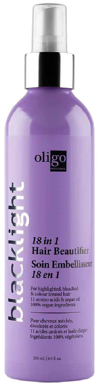 Lila fles met spraydop, gelabeld 'oligo' en 'blacklight' voor haarglans, 18-in-1 product.