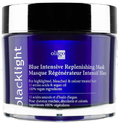 Blauwe pot met Blacklight Blue Intensive Replenishing Mask door oligo voor haar. Bevat arganolie en aminozuren. Veganistische ingrediënten.