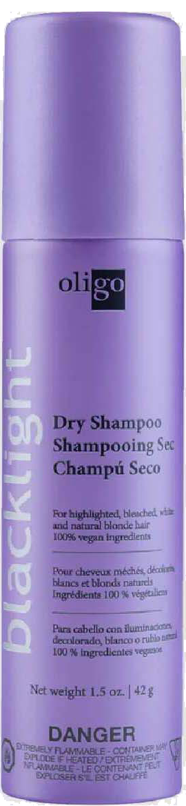 Een lange, paarse fles Oligo Blacklight droogshampoo met tekst over het doel en ingrediënten.