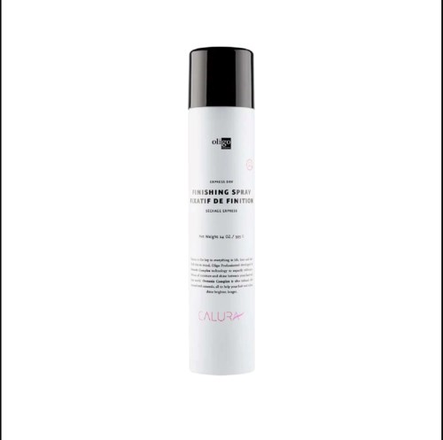 Een witte bus met zwarte dop, gelabeld als glansspray voor afwerking, met zwarte en roze tekst.
