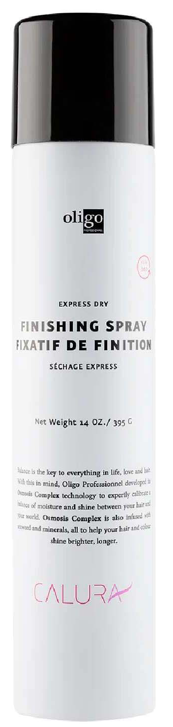 Witte sprayfles met zwarte dop, gemerkt 'Oligo' en 'Finishing Spray' voor haarstyling.