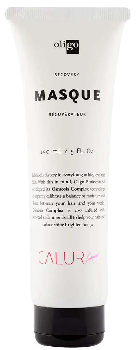 Witte tube met herstelmasker met zwarte deksel, gemarkeerd 'Oligo' en 'Calura,' bevat 150 ml.