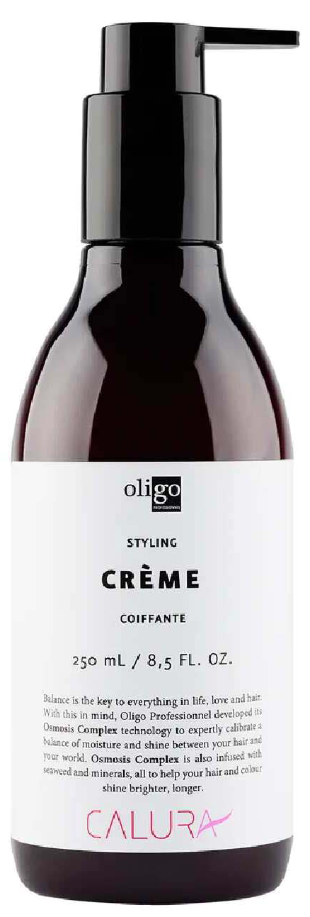 Een zwarte fles met dispenser, gemerkt 'Oligo Styling Creme' voor haar, bevat 250 ml, met witte en paarse tekst.