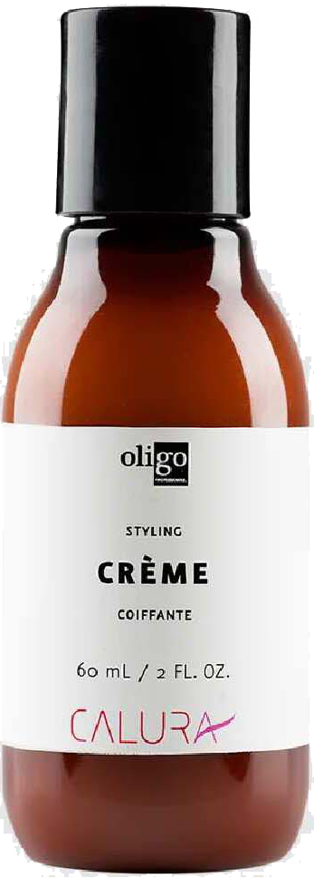 Klein bruin flesje met zwarte dop, gelabeld 'Oligo Styling Crème Coiffante'.