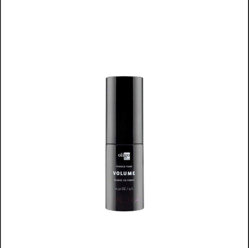 Een zwart-grijze fles Oligo volume poeder voor haarstyling. De fles is cilindrisch met een dop op top.