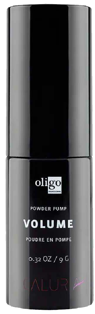 Kleine zwarte fles met 'Oligo', 'Volume', pomp voor haarvolume.