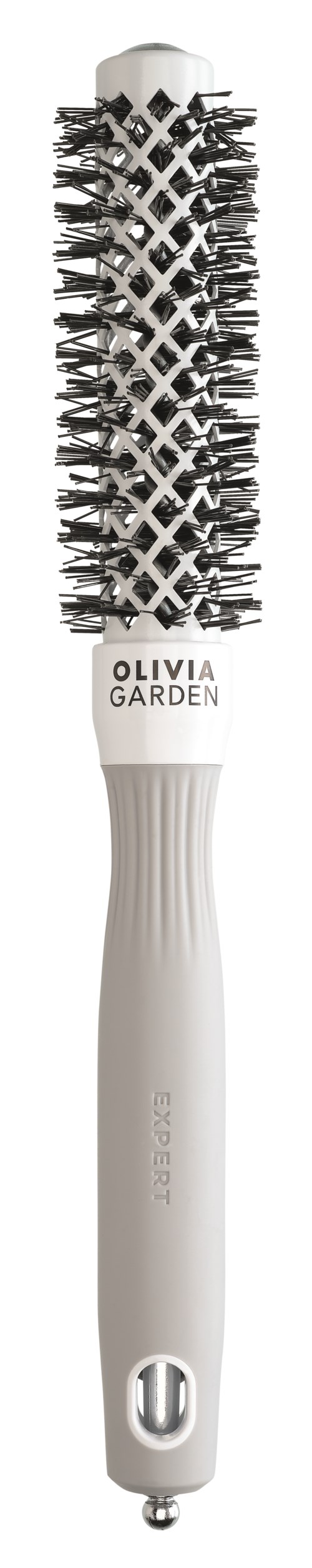 A white round hairbrush with black bristles, labeled Olivia Garden, designed for hairstyling or curling hair.