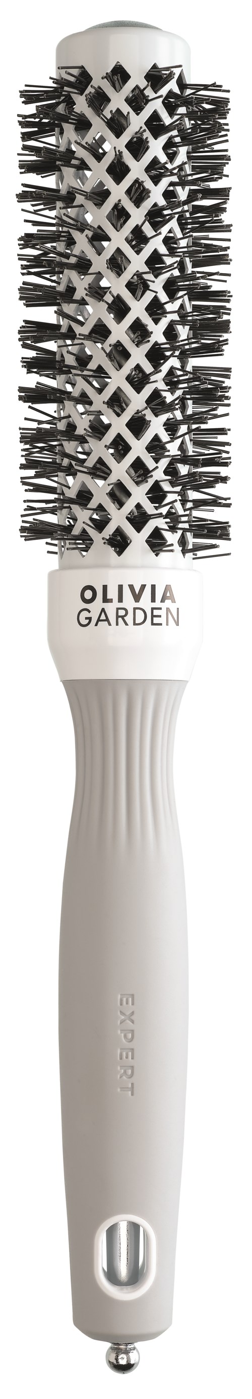 A white round hairbrush with black bristles and a label that says Olivia Garden.
