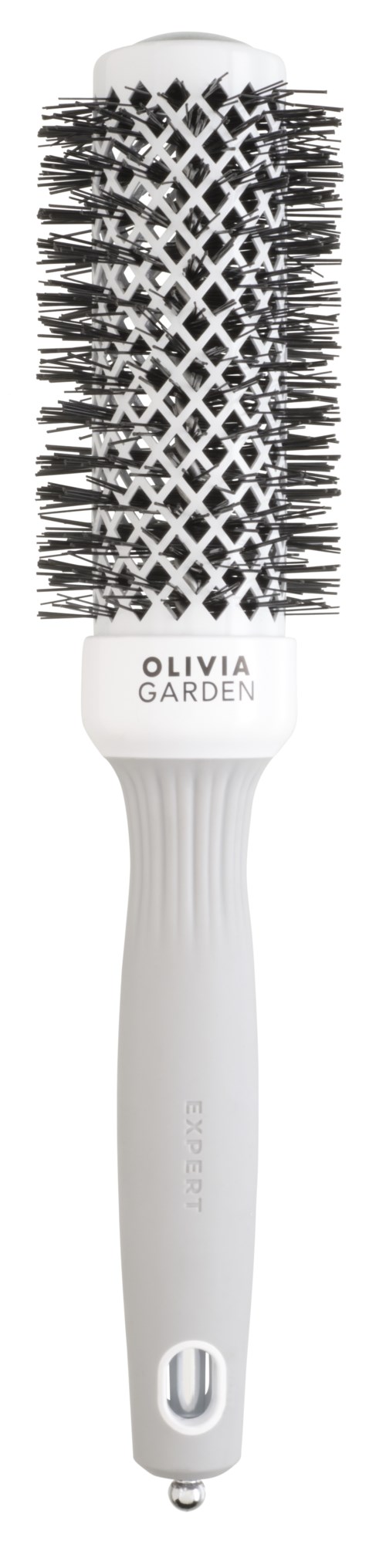 Eine weiße Haarbürste mit schwarzen Borsten und einem Etikett, das "OLIVIA GARDEN" sagt.