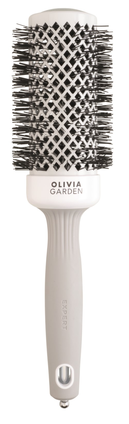 Eine Haarbürste mit weißen Griff und rundem Kopf, schwarze und graue Borsten, mit "Olivia Garden"-Schriftzug.