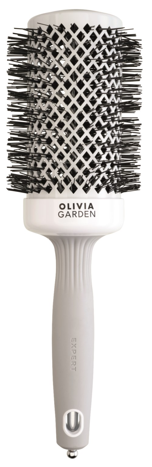 Eine weiße runde Haarbürste mit schwarzen Borsten und Griff, beschriftet Olivia Garden.