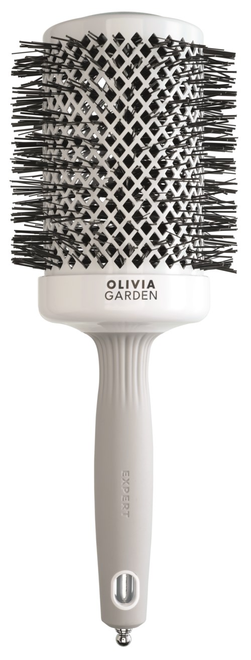 A white hairbrush with black bristles, labeled Olivia Garden, has a rounded handle and is upright.