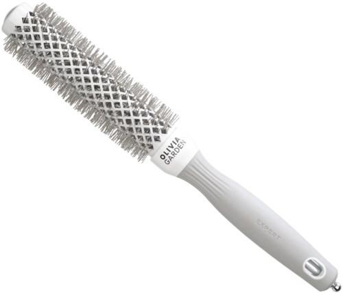 A white hairbrush with a cylindrical shape and spiky bristles, labeled 'Olivia Garden' on the handle.
