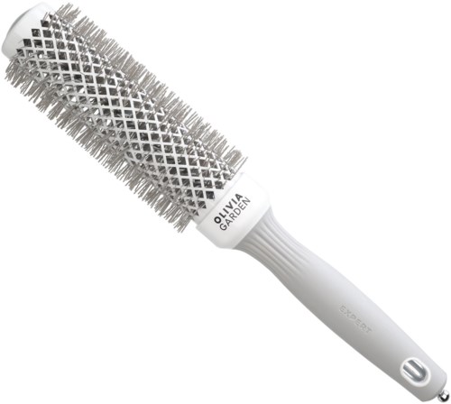 A round hairbrush with a white handle and a metal bristle barrel, labeled 'OLIVIA GARDEN'.