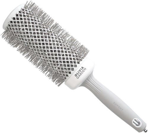 A white round hairbrush with a handle, metal bristles, and the text "Olivia Garden" on it.