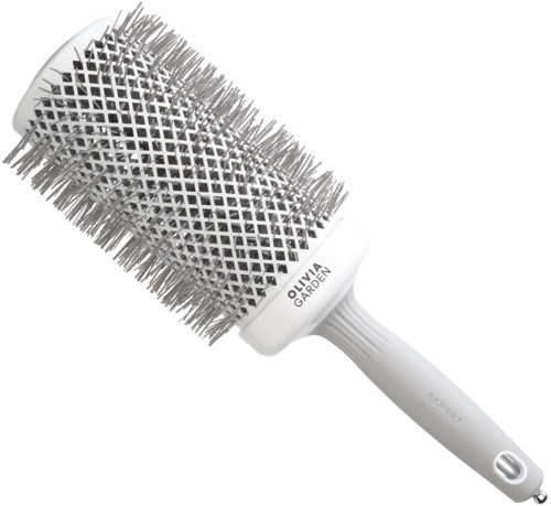 A round hairbrush with a white handle and a spiked metal barrel, labeled "OUVIA GARDEN".