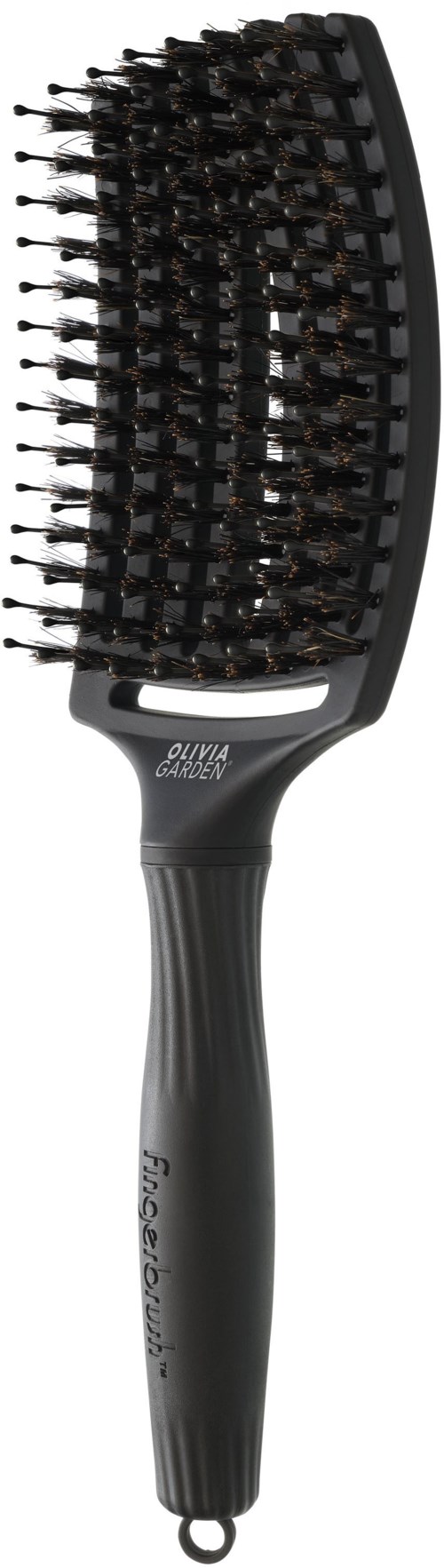A black hairbrush with a curved wide head and bristles, designed for detangling hair.