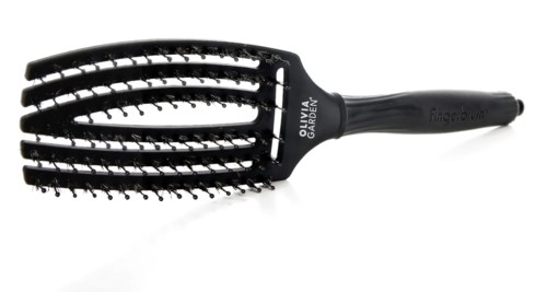A black hairbrush with a rounded, wide head and a handle, labeled Olive Garden, designed for detangling hair.