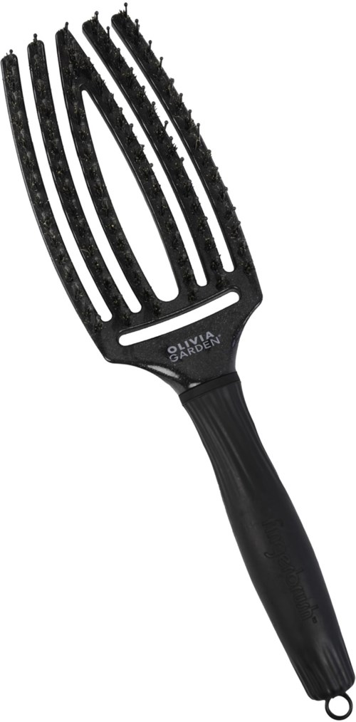A black wide-tooth hair brush with a handle, labeled 'Olivia Garden'.
