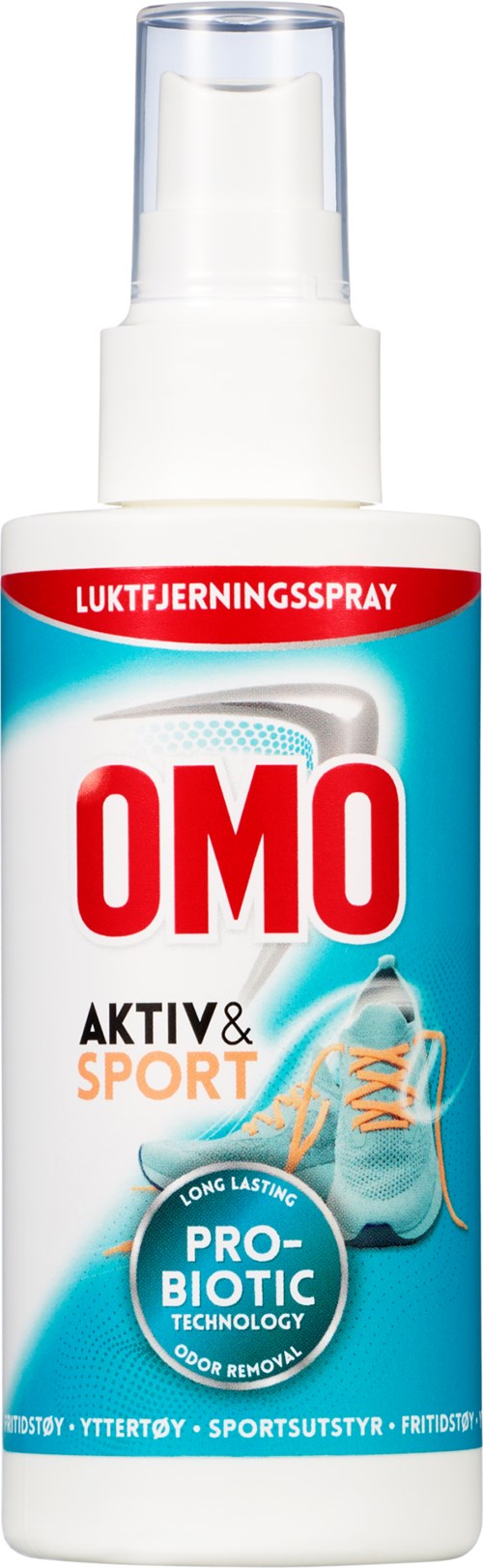 En hvit sprayflaske med gjennomsiktig hette, merket OMO Aktivet Sport, brukt for å fjerne lukt fra sportsklær.