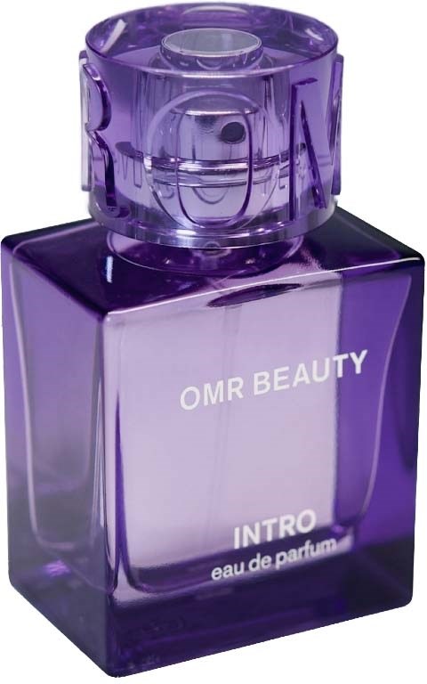Lila parfumpomp met doorzichtige dop, gemerkt met 'OMR BEAUTY INTRO eau de parfum.'
