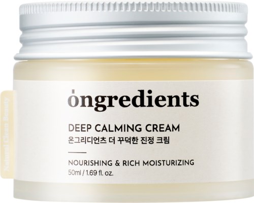 Purkkia Deep Calming Cream, sisältää ravitsevia ja kosteuttavia ainesosia, valkoisessa purkissa kierrätyslukolla.