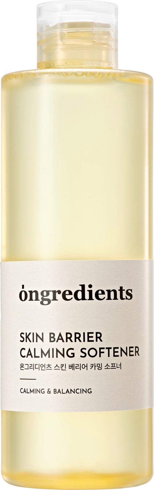 Pitkä, läpinäkyvä pullo, jossa on keltainen neste, nimeltä 'óngredients' ja 'Skin Barrier Calming Softener.'