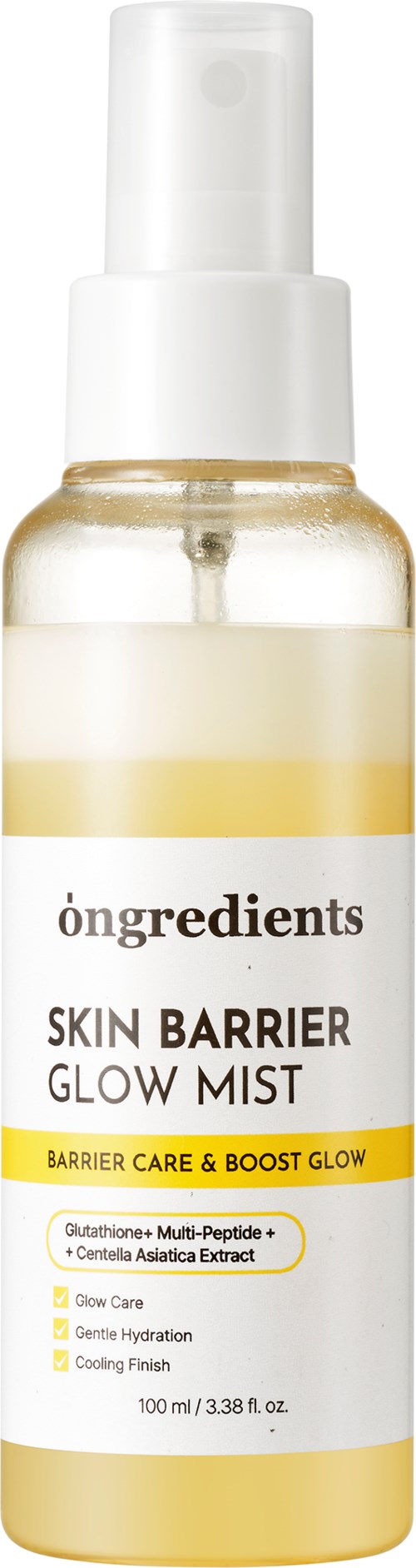 Pieni suihkepullo nimeltä 'Skin Barrier Glow Mist' sisältäen ainesosia kuten Quercetin ja Centella Asiatica -uute, suunniteltu kosteuttamaan ihoa.