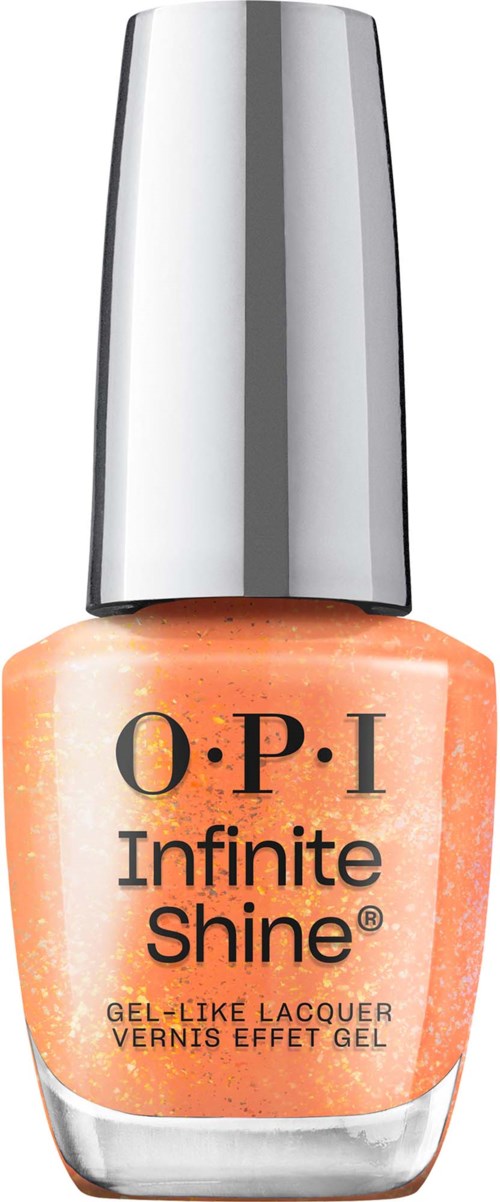 A small bottle of O.P.I Infinite Shine nail polish with a peach color and silver cap.