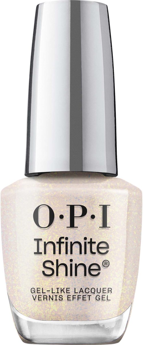 A bottle of O.P.I Infinite Shine nail polish with a shiny, silver cap and pearly white polish inside.