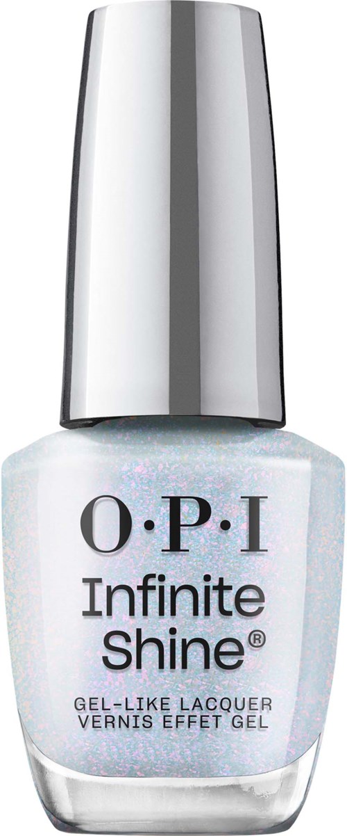 A white nail polish bottle with shiny silver cap, labeled "O.P.I Infinite Shine."