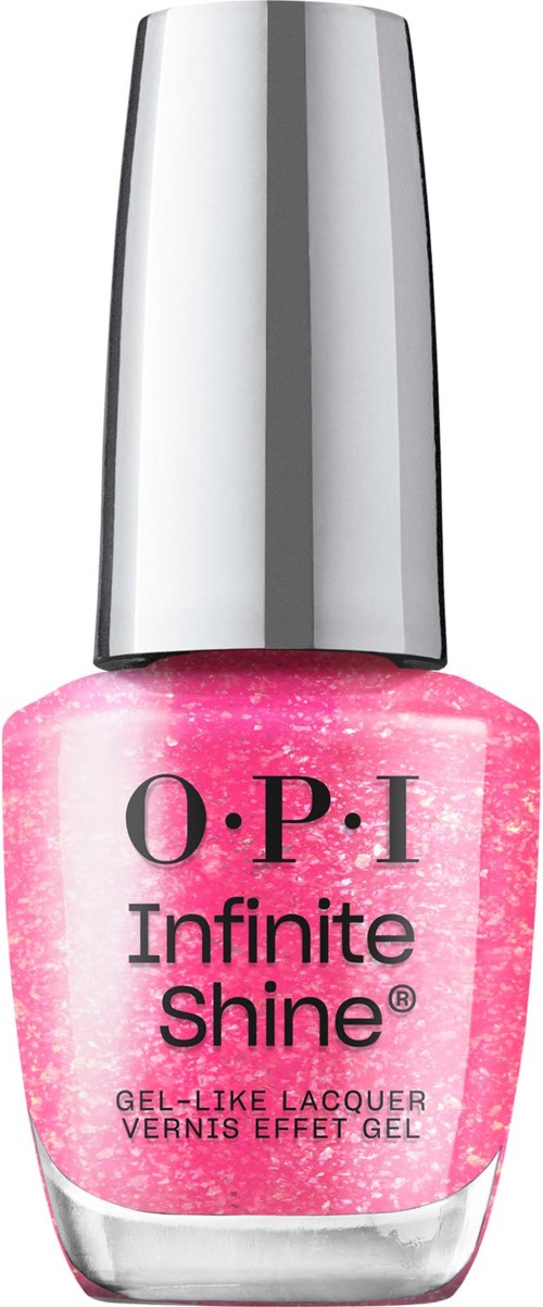 Pink nail polish bottle with silver cap, labeled 'O.P.I Infinite Shine.'