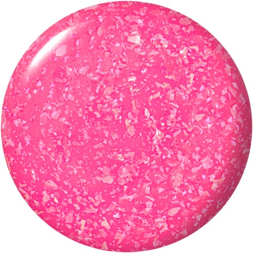 Pink and white speckled round pill. It appears smooth and shiny.