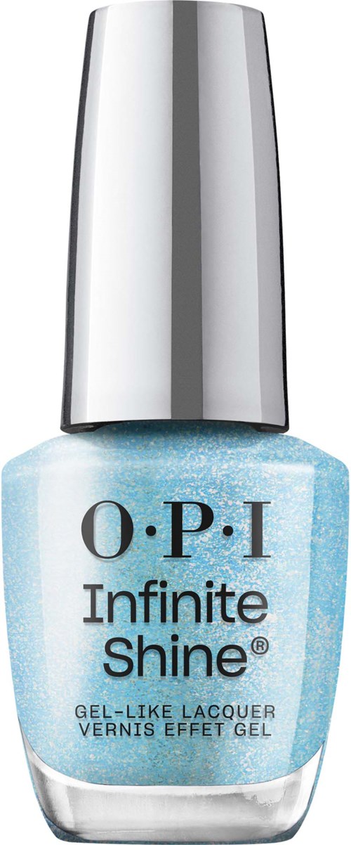 A light blue nail polish bottle with a silver cap, labeled O.P.I Infinite Shine.
