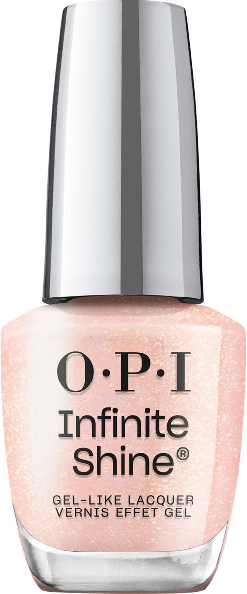 A bottle of OPI Infinite Shine nail polish, pink color, with a silver cap, label shows the brand and product name.