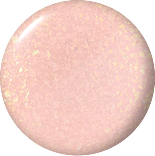 A round, pinkish object with yellow speckles and a shiny spot, looks smooth and shiny.
