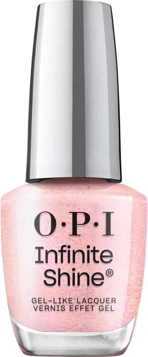 A bottle of pink nail polish with a silver cap labeled "O.P.I Infinite Shine".