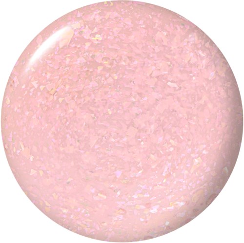 A round, pink, sparkly object with a shiny surface. It looks like a polished gemstone or decorative ball.