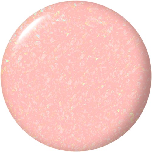 A round, pink object with a shiny, sparkling surface. It looks smooth and colorful. No other details are visible.