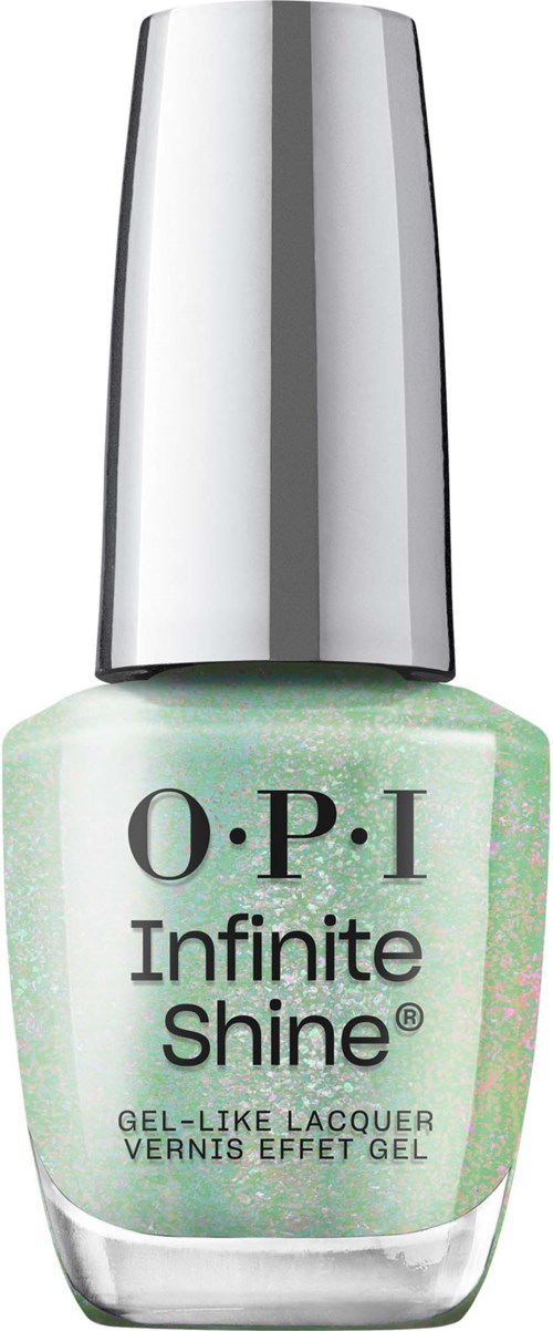 A bottle of O.P.I Infinite Shine nail polish in light green with a silver cap.