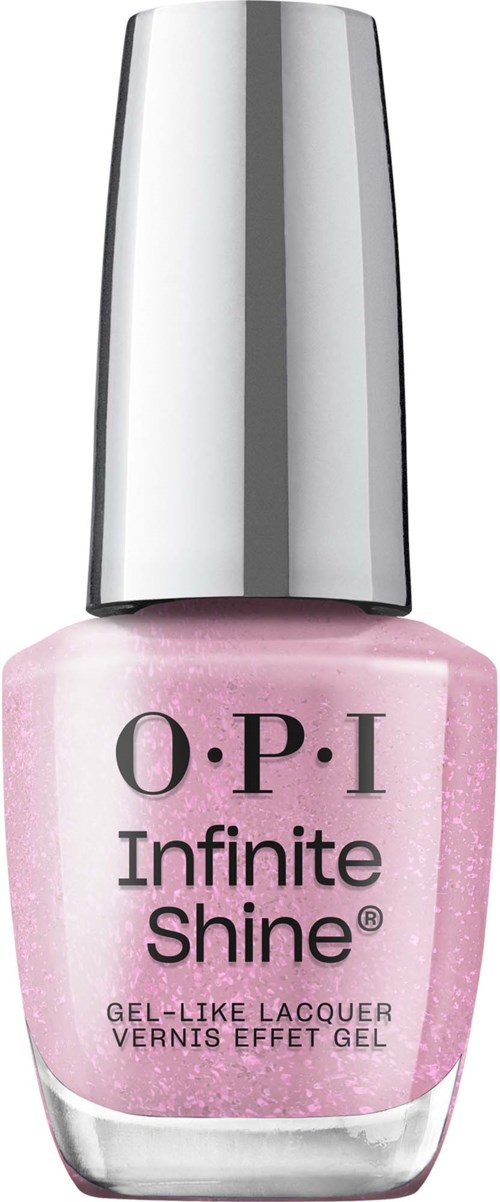 Pink nail polish bottle with a silver cap and black text reading "O.P.I Infinite Shine."